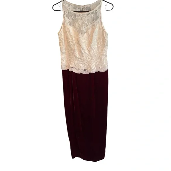 Belsoie Vintage cream Lace & Bows Red burgundy Velvet maxi Dress Gunne sax - Picture 8 of 16